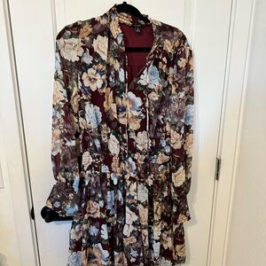 Halogen Blue and Pink V-Neck Bishop Sleeve Dress